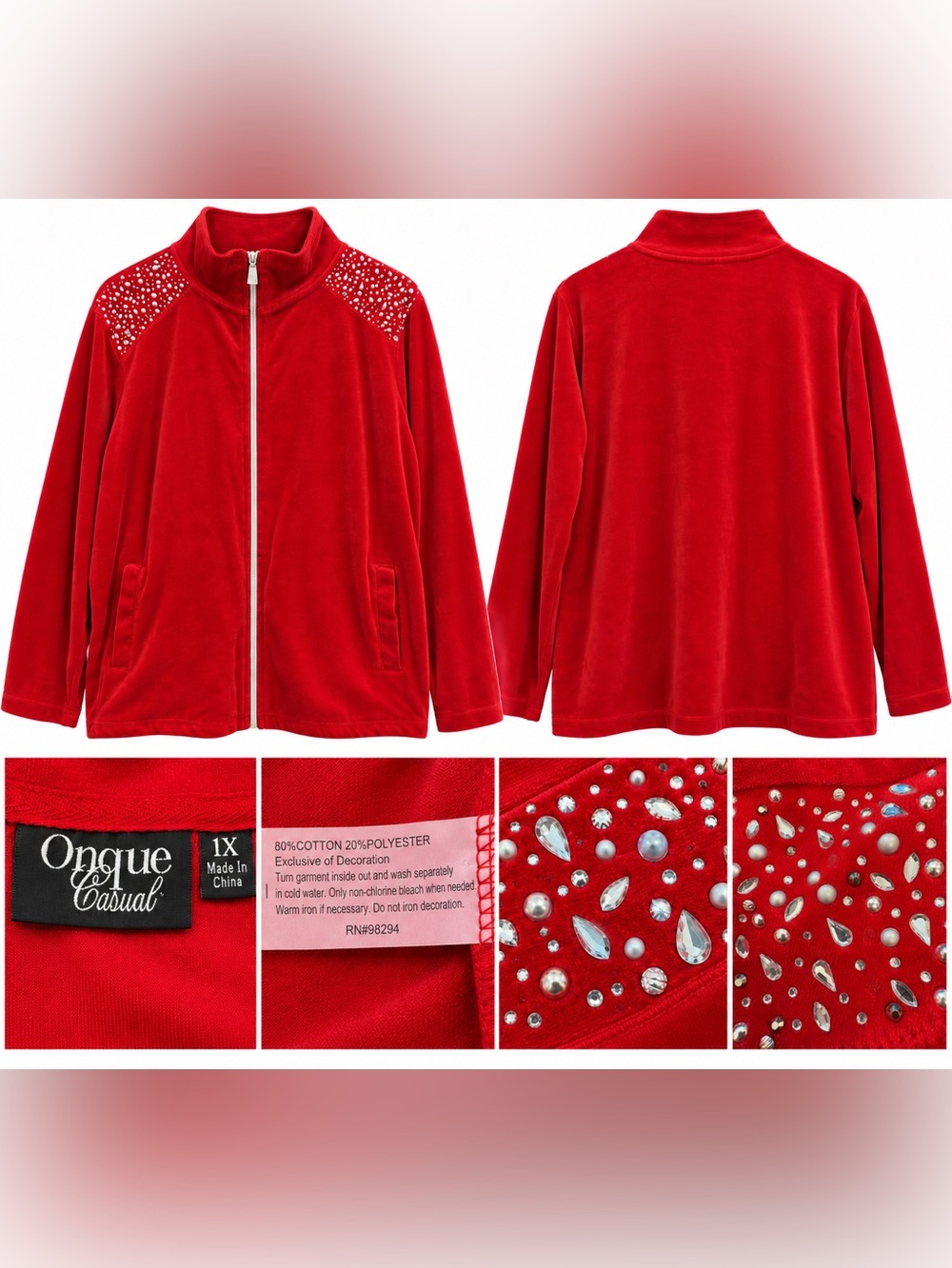 Opaque Casual Red Velour Embellished Zip Jacket – Size 1X